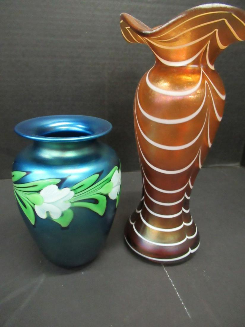 2 Pcs. Hand Blown Art Glass Vases, 1 Orient & Flume: 2 Pcs. Hand Blown Art Glass Vases, Orient & Flume Blue Garland Vase Signed Shaw, One Approx. 10.5" x 5.5" and One 6.5" x 4.5"