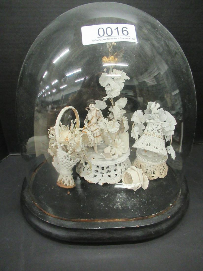 Wedding Diorama Under Glass Dome: Wedding Diorama Under Glass Dome, Fabric and Composition Display with Cupid, Approx. 15"h x 11" x 15"