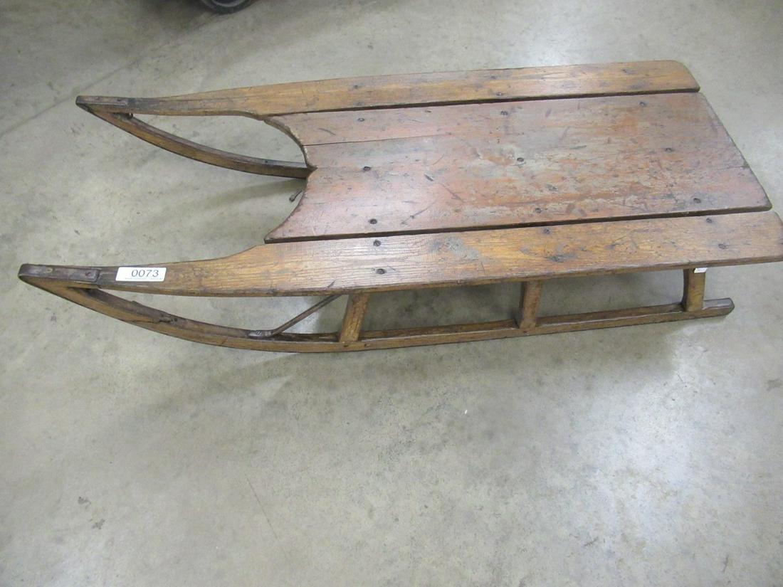 Antique Wooden Sled with Metal Runners: Antique Wooden Sled with Metal Runners w/ Yellow Paint, Approx. 48.5" long x 21"w x 9.5"