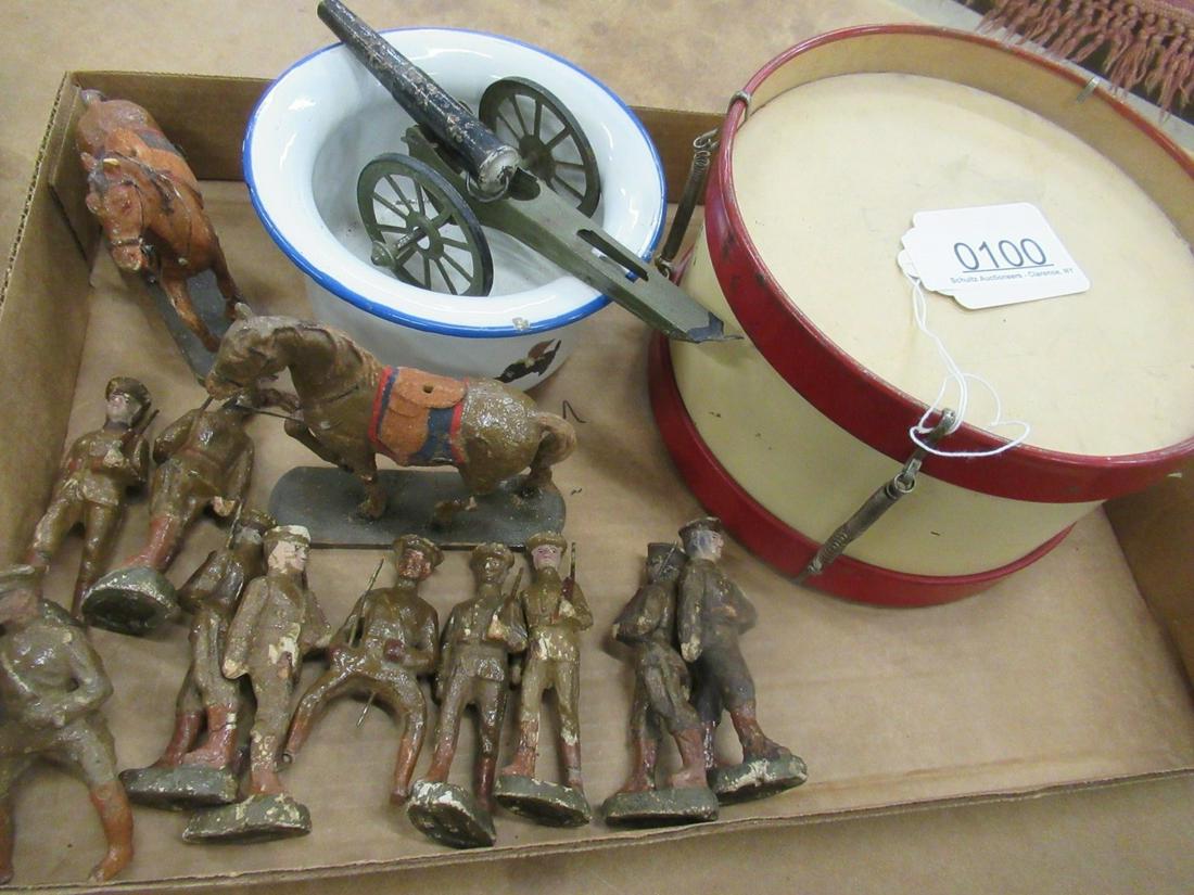 Lot Elastolith Soldiers, Horses, Toy Cannon, Etc: Lot Elastolith Soldiers, Horses, Toy Cannon, Toy Drum, Grantite Ware Cup
