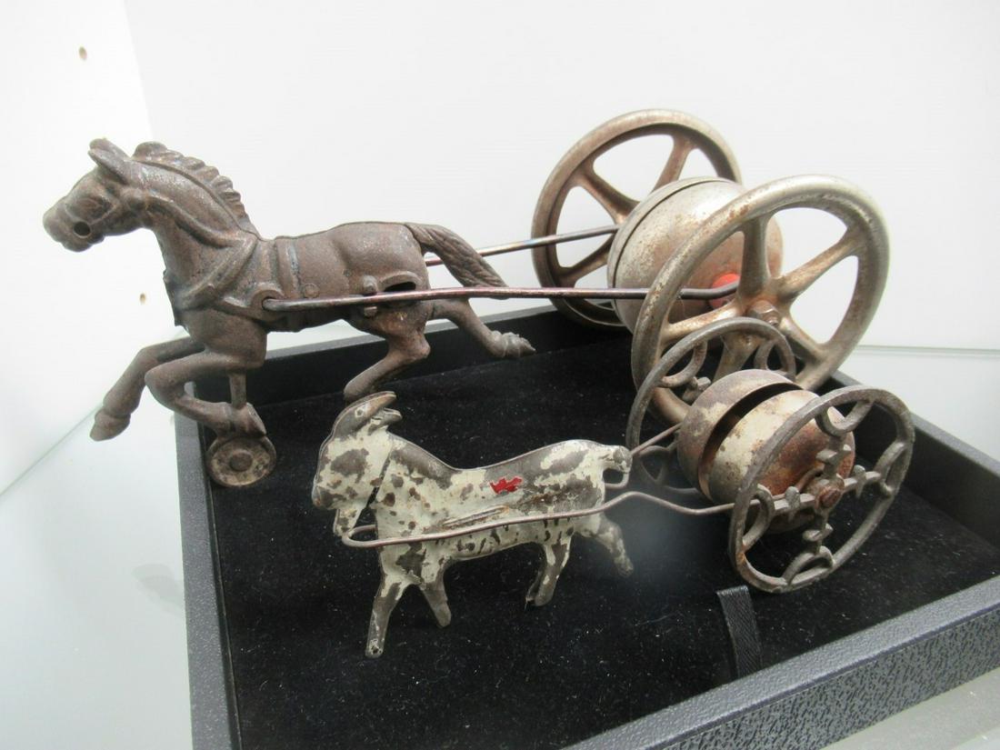 2 Antique Pull Toys with Bell: 2 Antique Pull Toys with Bell, Cast Iron Horse, Tin Goat
