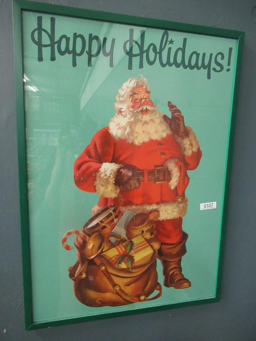 Framed Santa Happy Holidays Poster: Framed Santa Happy Holidays Poster, Schmidt Litho Co., Approx. 40.5" x 29.5"