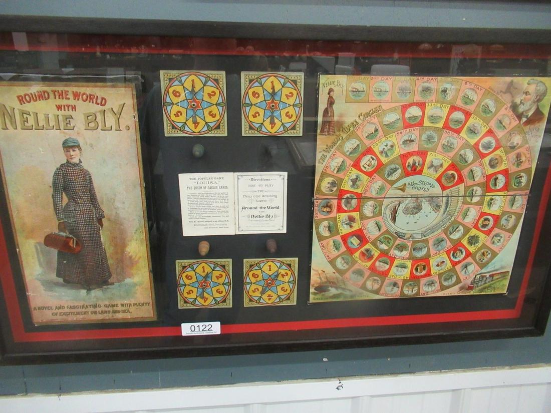 Framed Game Around the World with Nellie Bly: Framed Game Around the World with Nellie Bly, Box, Game Board, Etc., Approx. 22" x 40"