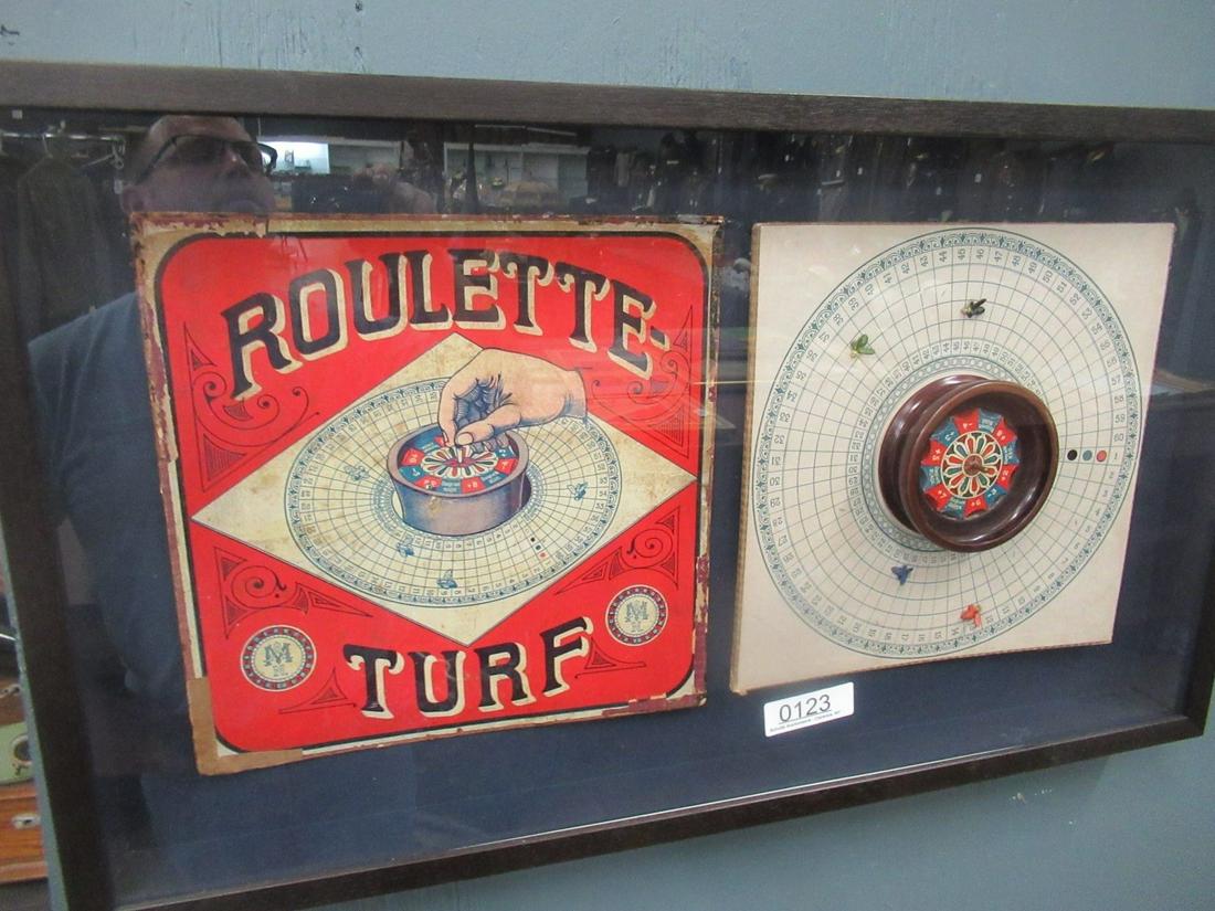 Framed Display Roulette Turf Game Board: Framed Display Roulette Turf Game Board and Box Top, Approx. 18.5" x 32"