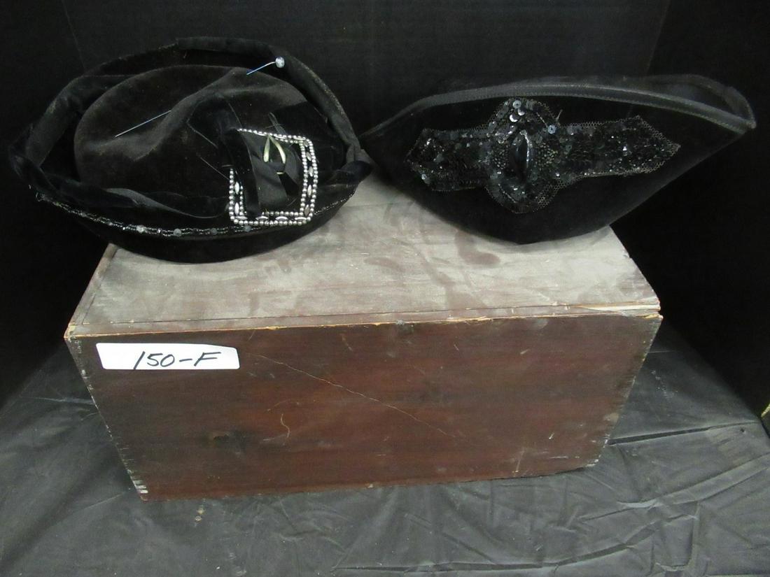 Dovetailed Wood Box with Sliding Top, 2 Hats: Dovetailed Wood Box with Sliding Top, 2 Vintage Hats