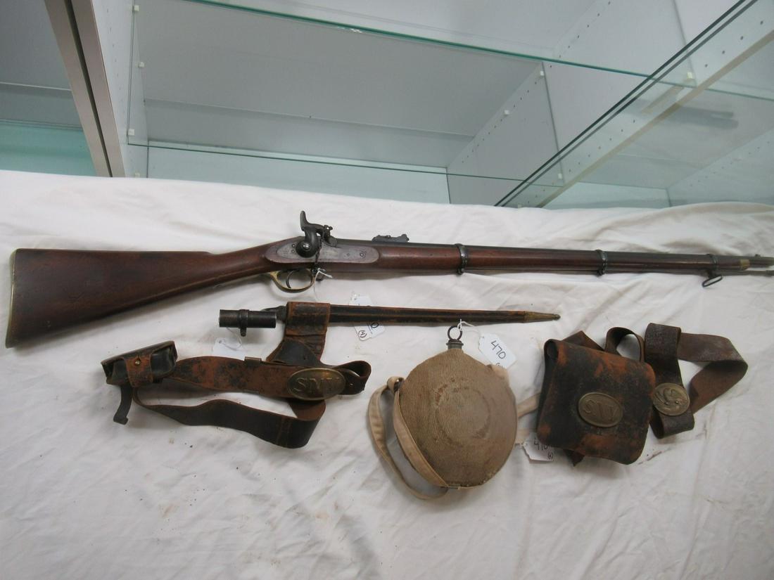 London Armory 1862 58 cal with Bayonet, Etc: London Armory 1862 58 cal with Bayonet, SNY Leather Gear, Canteen, Identified to Charles Abnathery, Approx. 55" Overall, 39" Barrel