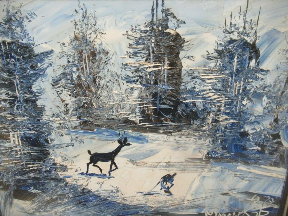 Oil Acrylic on Board Painting, Signed Katz 1974: Oil Acrylic on Board Painting of Winter Scene Signed Morris Katz 1974, Approx. 31" x 24"