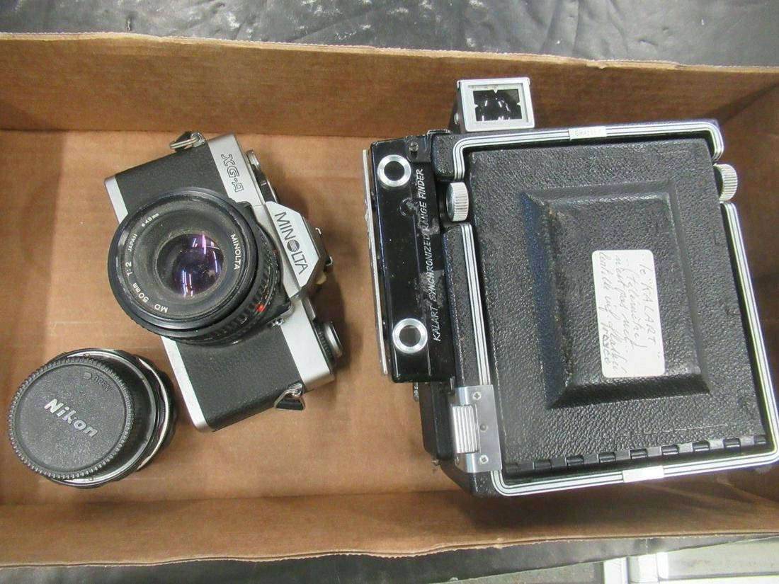 2 Cameras - Minolta Camera, Etc: 2 Cameras, Small L E Kalart Synchronized Range Finder and Minolta Camera w/ Additional Nikon Lens
