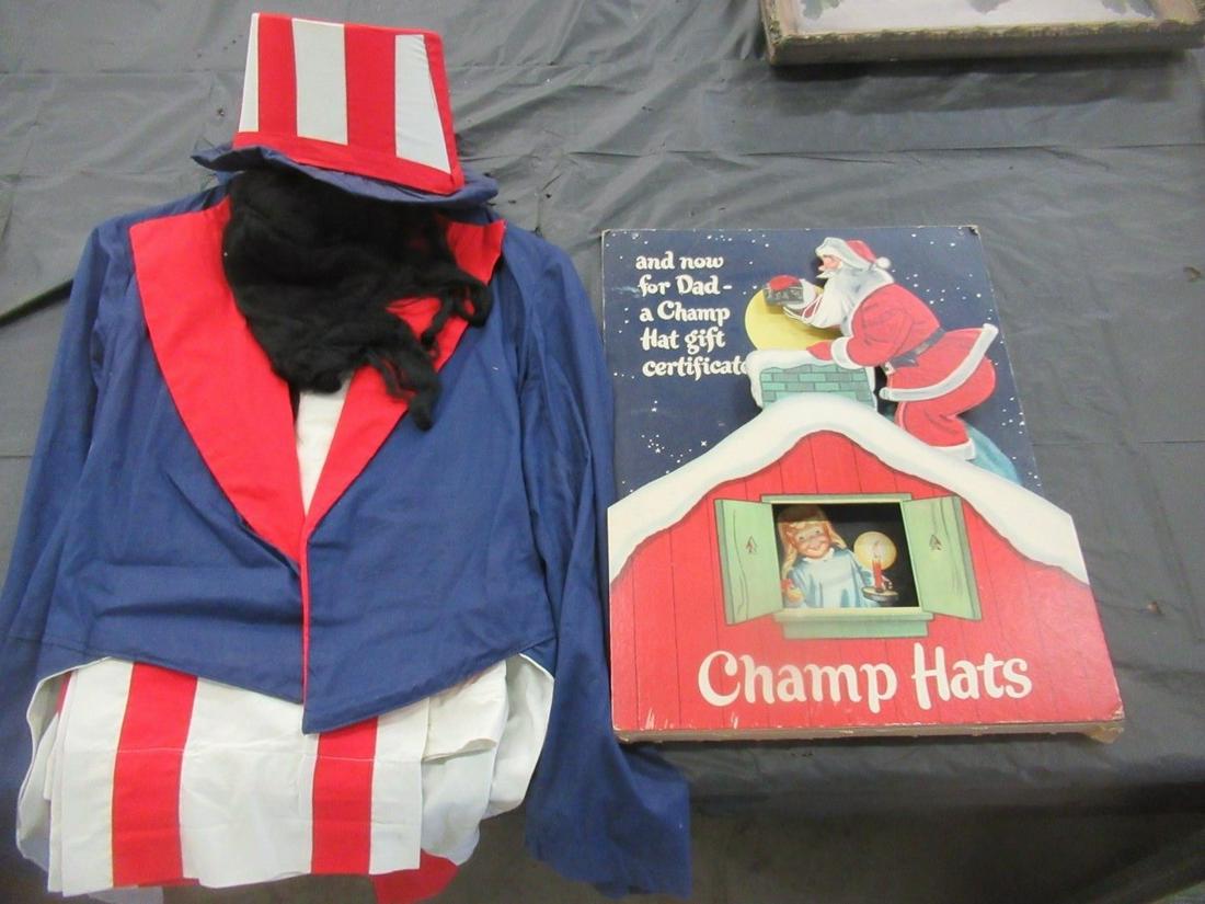 3D Advertising Champ Hats, Uncle Sam Costume: 3D Store Advertising for Champ Hats Approx. 20" x 15" and Vintage Uncle Sam Costume
