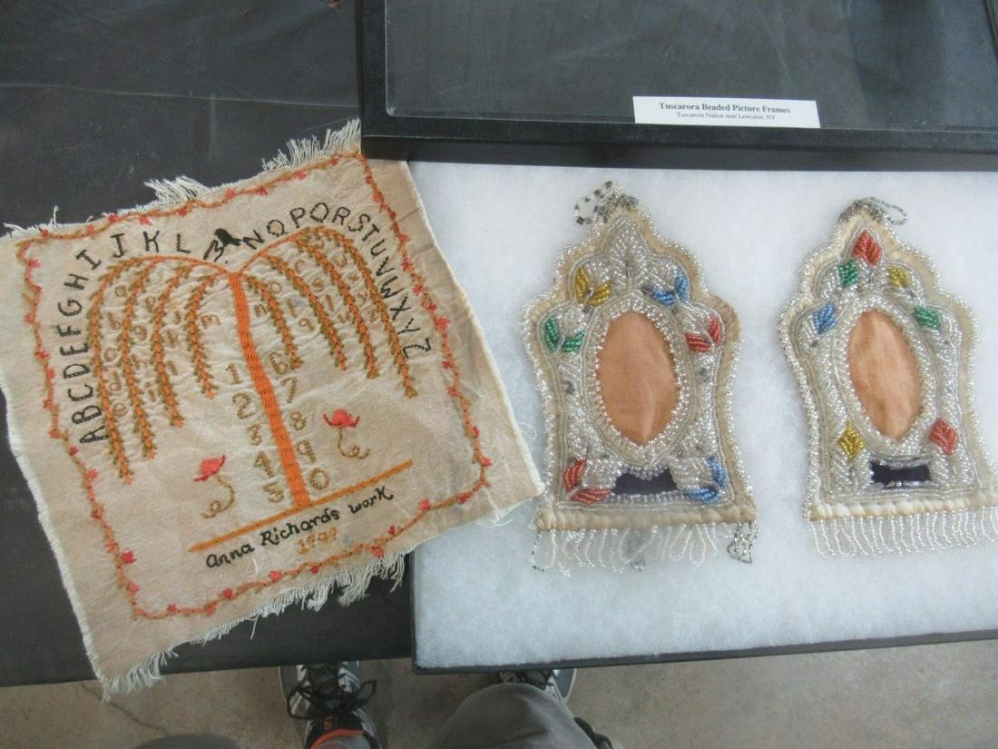 2 Tuscarora Nation Beaded Picture Frames, Sampler: 2 Tuscarora Nation Beaded Picture Frames and Sampler dated 1797 approx. 9 3/4" x 9 1/4"
