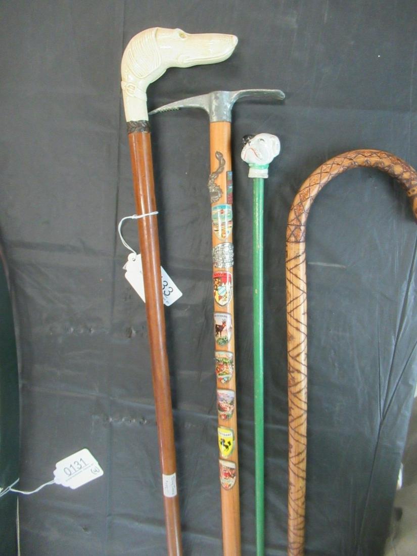 4 Canes incl. Dog Head Handle, Etc: 4 Canes incl. Dog Head Handle, Carnival Cane, and Swiss Souvenir German Cane with Pick Axe