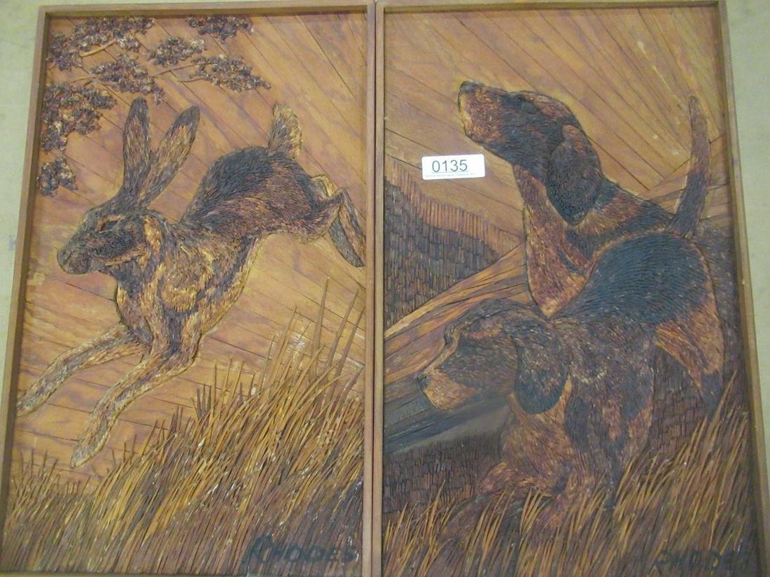 Pair Framed Woodscapes Titled Hare N Hounds: Pair Framed Woodscapes Titled Hare N Hounds by Cecil J Rhodes, Each Approx. 15" x 24.5"