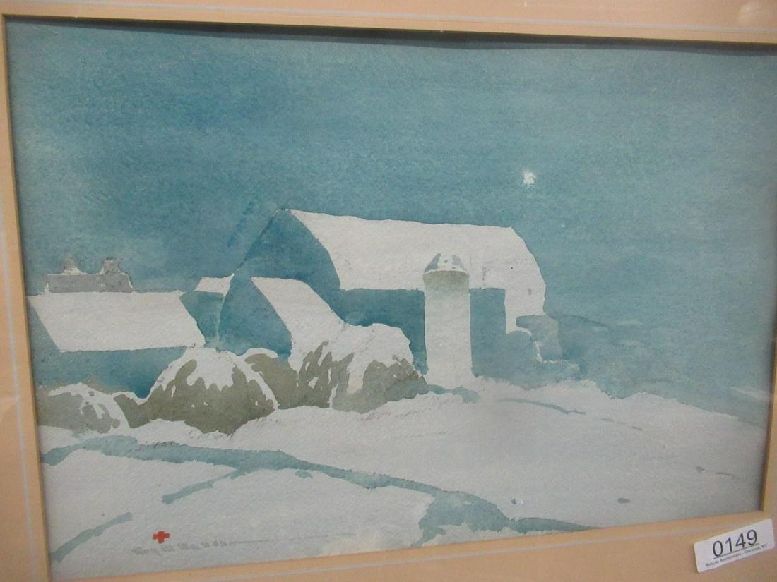 Watercolor of Winter Farm Scene Signed Roy Mason: Watercolor of Winter Farm Scene Signed Roy Mason, Inscribed on back to Mary Virginia and Hal from Uncle Roy, Approx 20" x 14"