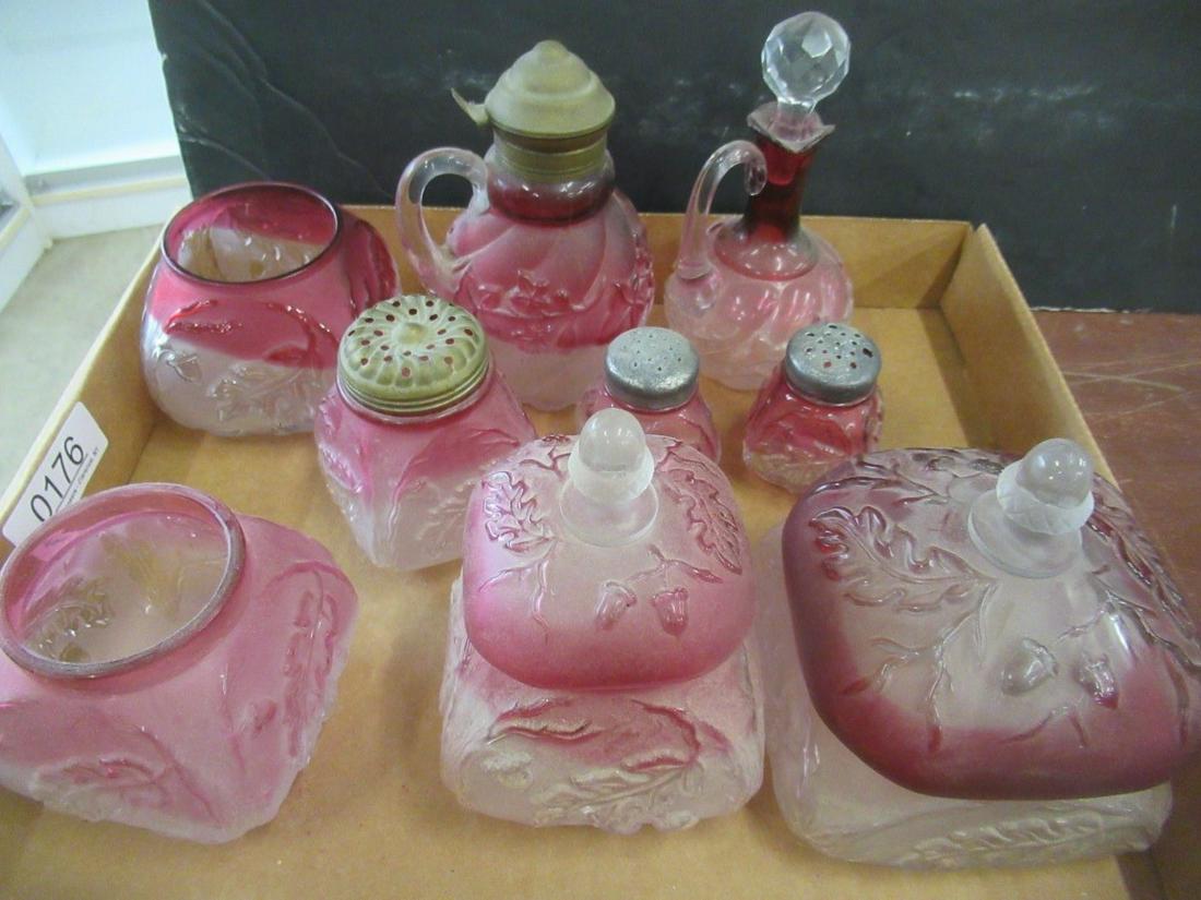 Group of Cranberry & Clear Carnival Glass: Group of Cranberry and Clear Acorn and Oak Carnival Glass incl. Covered Dishes, Syrup and Cruet