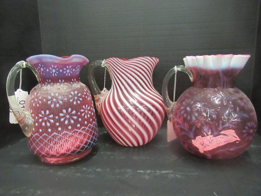 3 Cranberry Pitchers with Opalescent Swirls: 3 Cranberry Pitchers with Opalescent Swirls incl. Cranberry Opalescent Daisy/Fern Parian Swirl Mold
