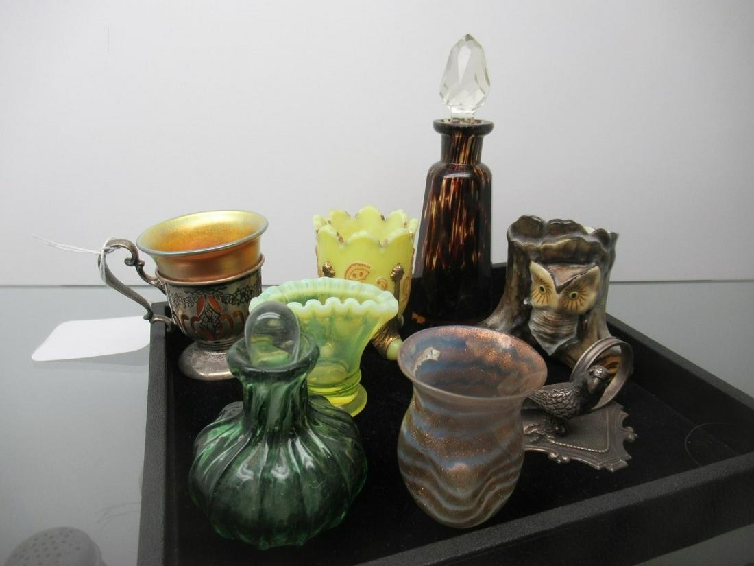 Group of Art Glass Toothpick Holders, Etc.: Group of Art Glass Toothpick Holders, Pigeon Blood Perfume Bottle, Etc