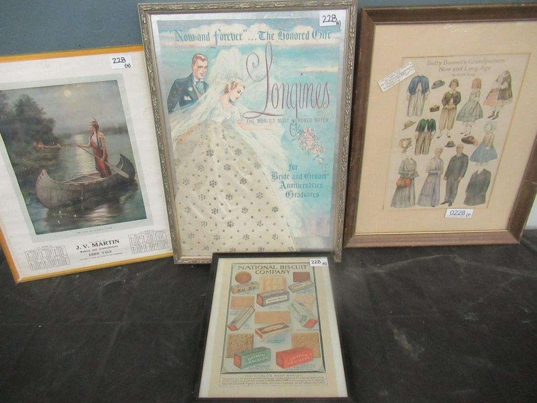 4 Framed Advertising Items: 4 Framed Advertising Items incl. Longines Watches (Approx. 23" x 16") and National Biscuit Company