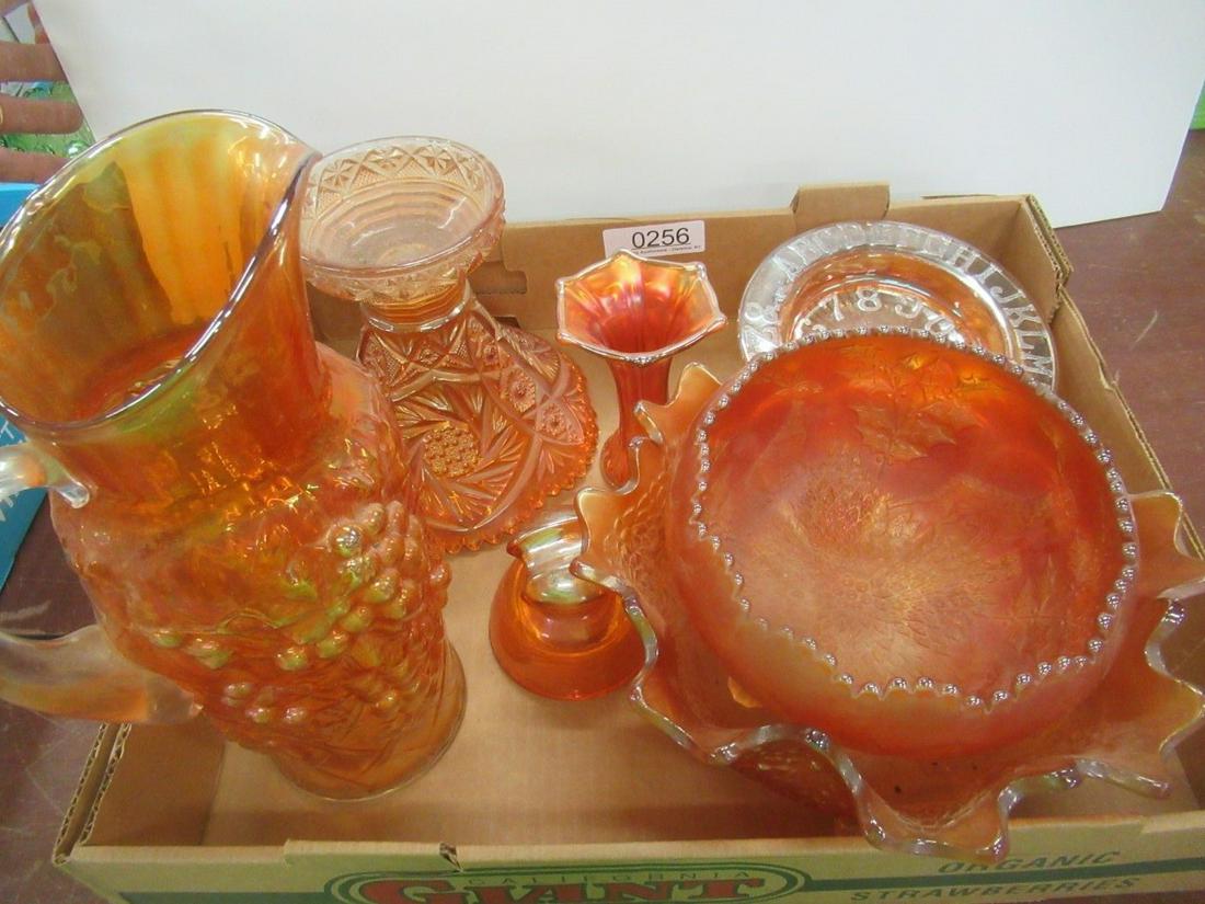 Mixed Lot of Carnival Glass incl Pitchers, Vase: Mixed Lot of Carnival Glass incl Pitchers, Vase and Bowl, incl. Pyrex Insulator