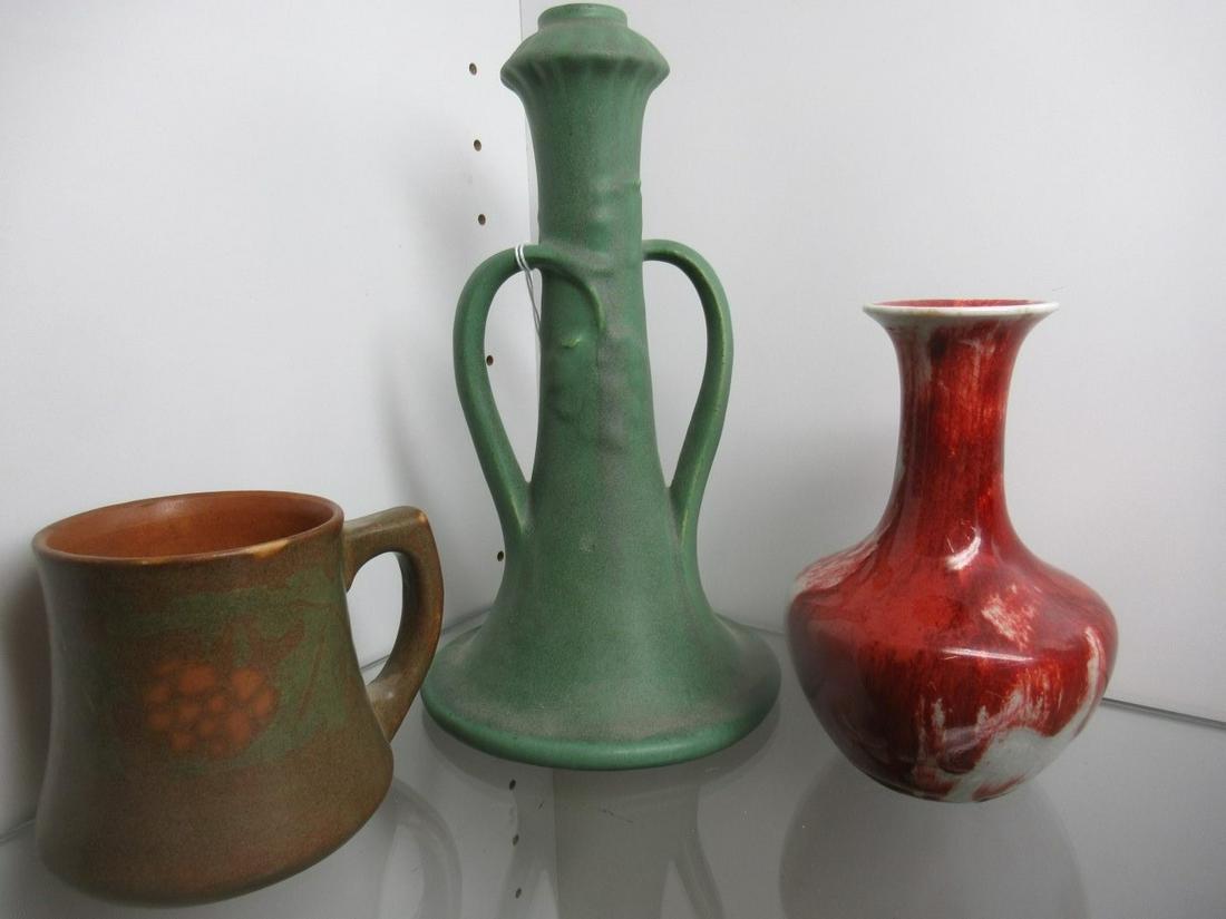 2 Pcs Walrath Pottery and 1 Teco Pottery Pc.: 2 Pcs Walrath Pottery, Vase dated 1907 Approx. 5.75"t x 4"w and Signed Teco Pottery Two Handled Matte Green Candlestick Approx. 9.5" tall x 5"w