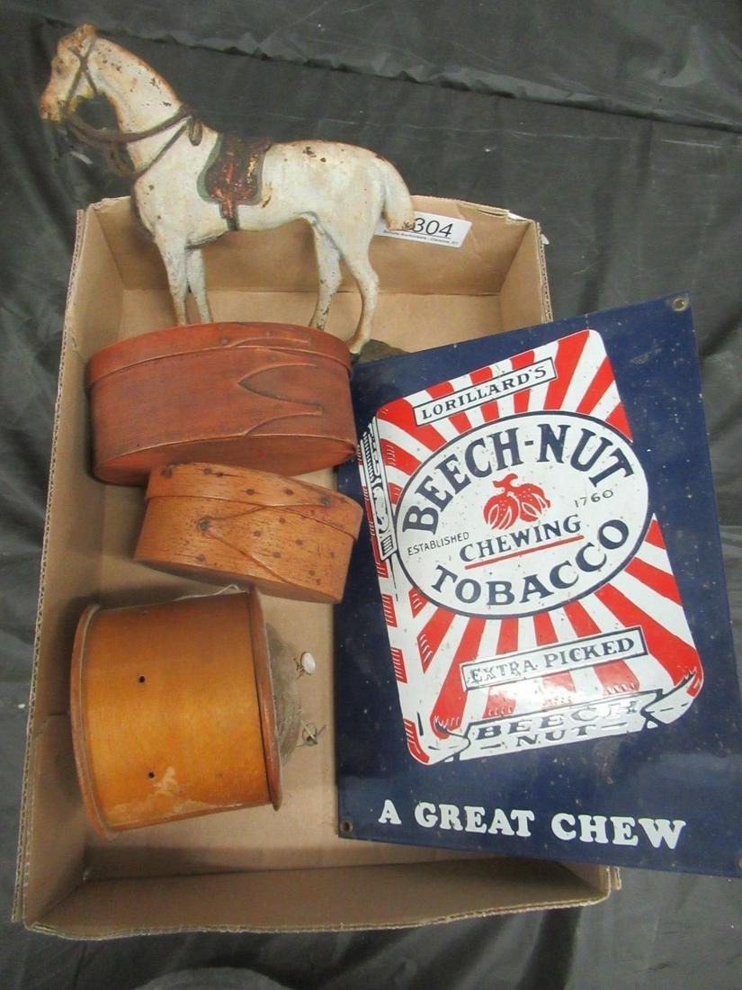 Mixed Lot incl. Shaker Style Cheese Box, Etc.: Mixed Lot incl. Shaker Style Cheese Box, Cast Iron Horse, and Beechnut Tobacco Sign