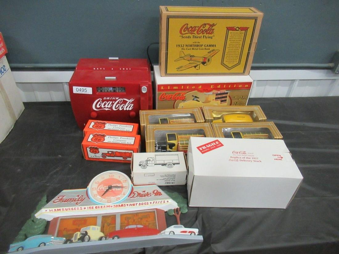 Lot Coca-Cola Toy Trucks in Boxes, Radio, Etc: Lot Coca-Cola Toy Trucks in Boxes, Cooler Radio, Drive In Clock, Etc