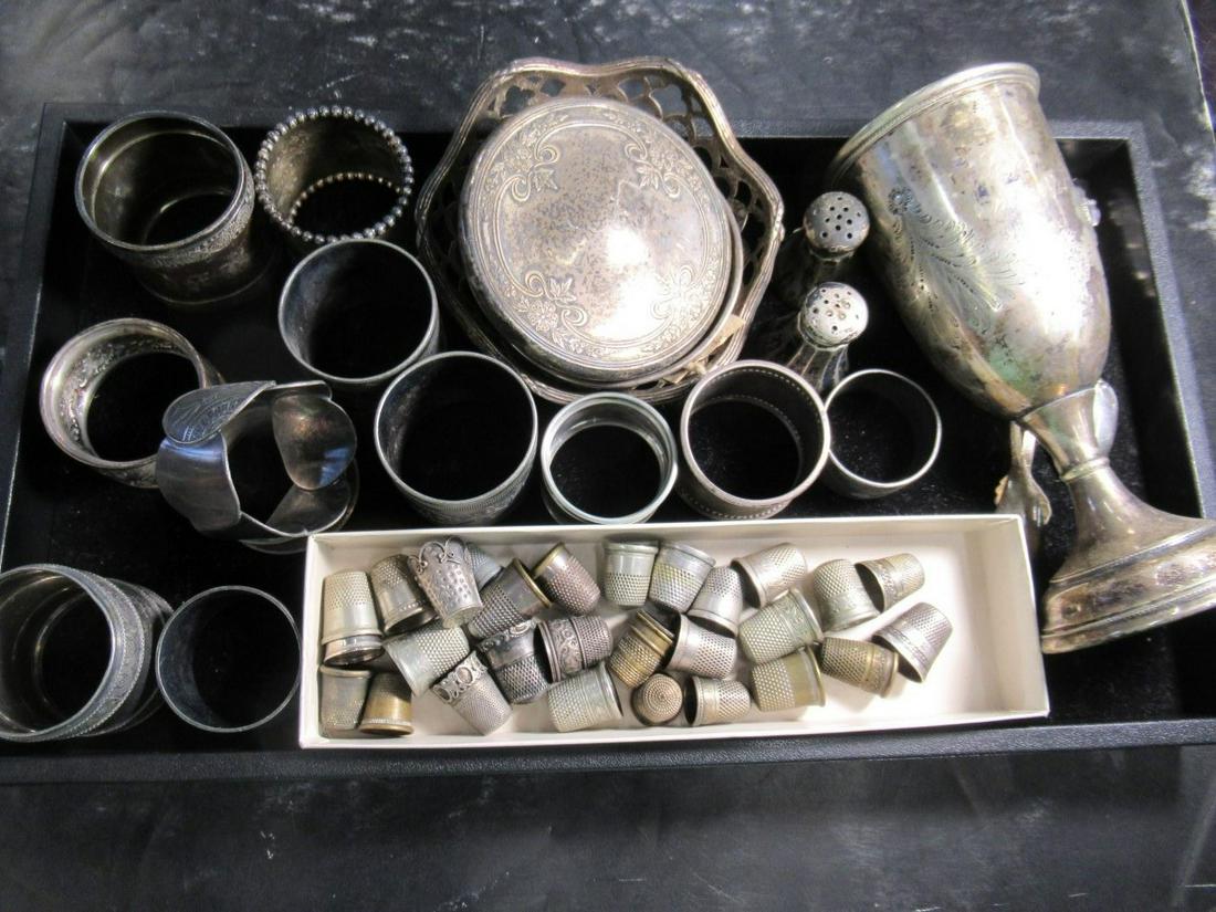 Box of Thimbles, Napkin Rings, and Misc Sterling: Box of Thimbles, Napkin Rings, and Misc Sterling