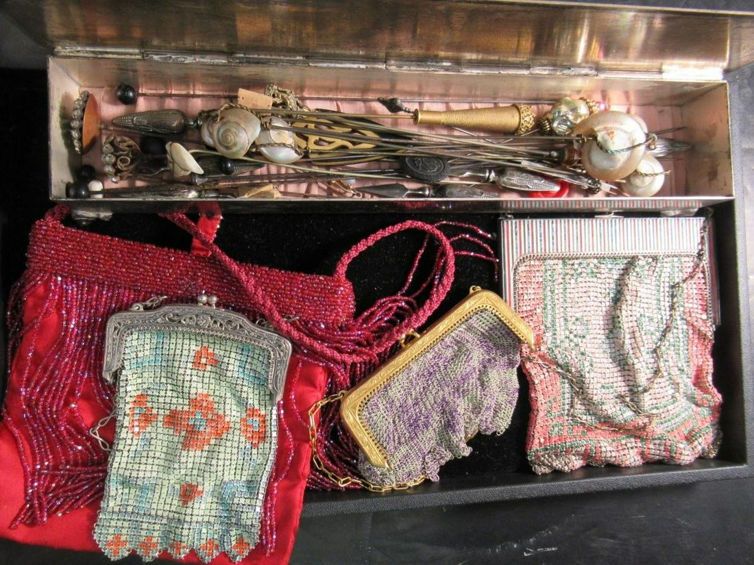 Painted & Beaded Mesh Bags, Hat Pins, Etc: Group of Painted and Beaded Mesh Bags, Group of Hat Pins in Silver Plated Hat Pin Box, incl. Shell Hat Pins and Sterling Silver Corn Holders
