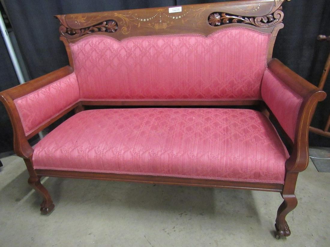 Victorian Settee w/ Carving, Inlay and Claw Feet: Victorian Settee w/ Carving, Inlay and Claw Feet, Approx. 39" h x 51" w x 24"d