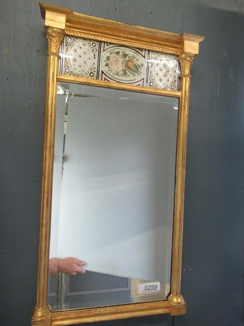 Gold Frame Beveled Mirror w/ Hand Painted Scene: Gold Frame Beveled Mirror, with Hand Painted Scene at Top, Approx. 17" w x 37.5" h x 2.5" d
