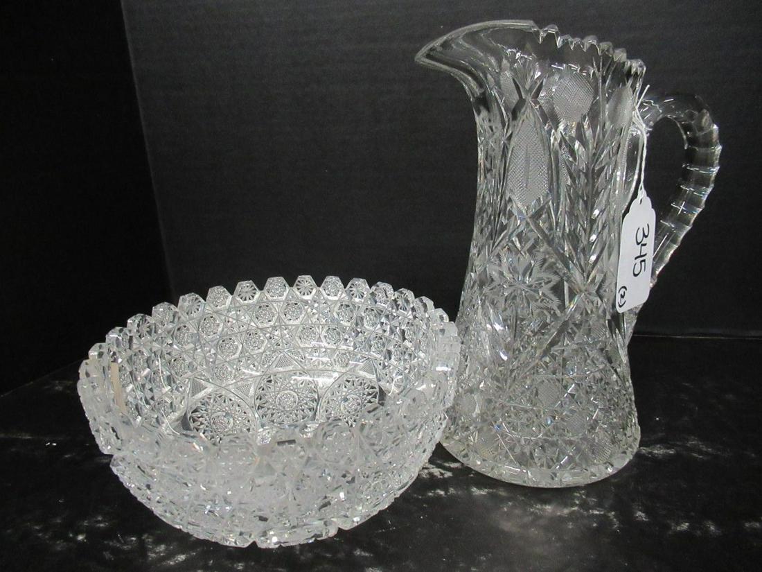 Brilliant Cut Glass Bowl Daisy and Button: Brilliant Cut Glass Bowl Daisy and Button Approx 4" x 8" and Etched Glass Pitcher Approx. 10"