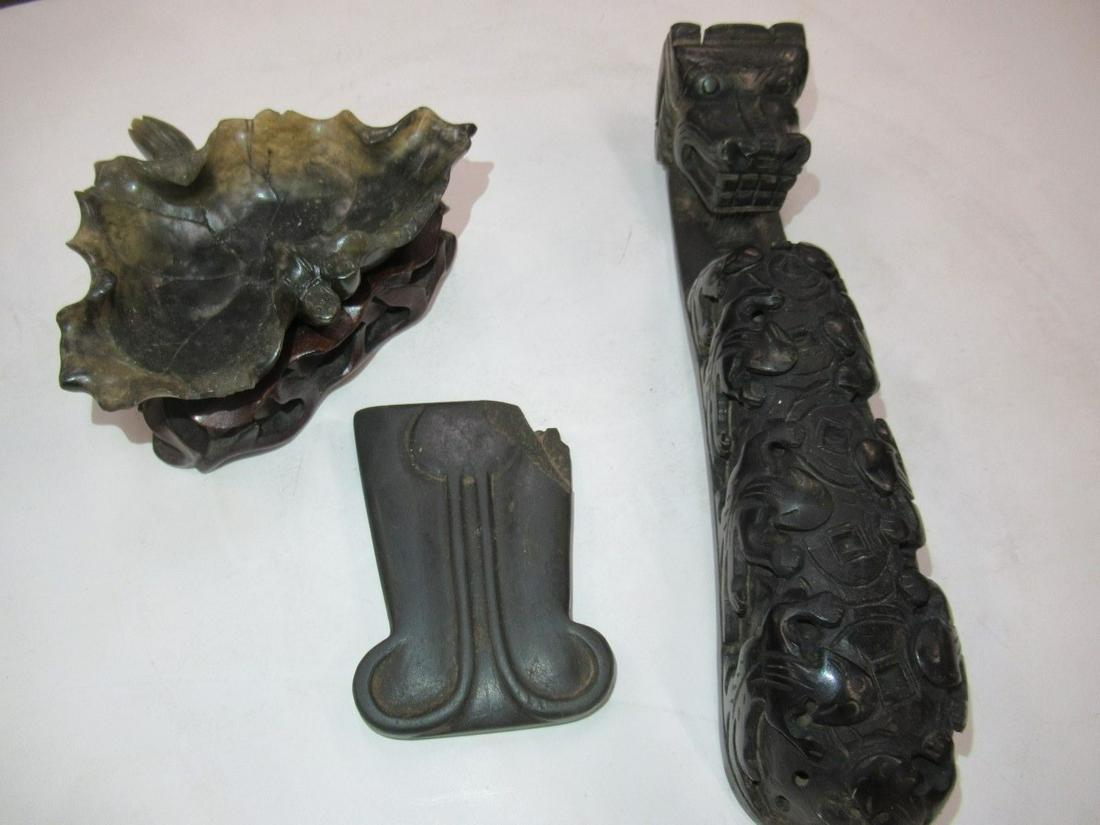Stone Flower on Wooden Stand, Stone Dragon: Stone Flower on Wooden Stand and Stone Dragon w/ Carvings on Side (Approx. 10.5"l x 2"w x 2"h)