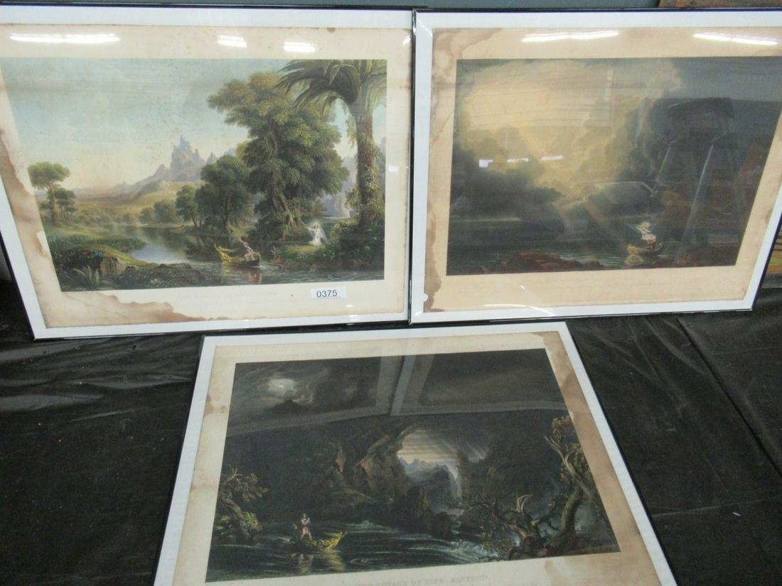 3 Early Colored Engravings by Thomas Cole: 3 Early Colored Engravings incl "The Voyage of Life-Youth" Painted by Thomas Cole, Approx. 28" x 22.5"