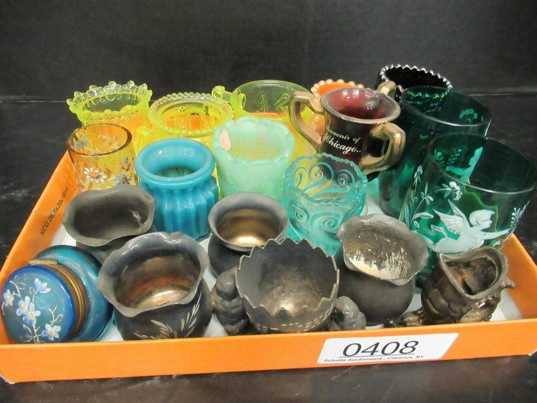 Group of Toothpick Holders, Fenton Glass, Etc: Group of Toothpick Holders incl. Figural Silver Plate with Chicks, Fenton Glass Tumbler, and Mary Gregory Glasses Decorated with Cupids