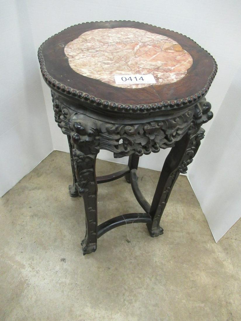 Carved Chinese Teak Table: Carved Chinese Teak Table with Padded Feet and Marble Insert, Approx. 24" h x 15" diam.
