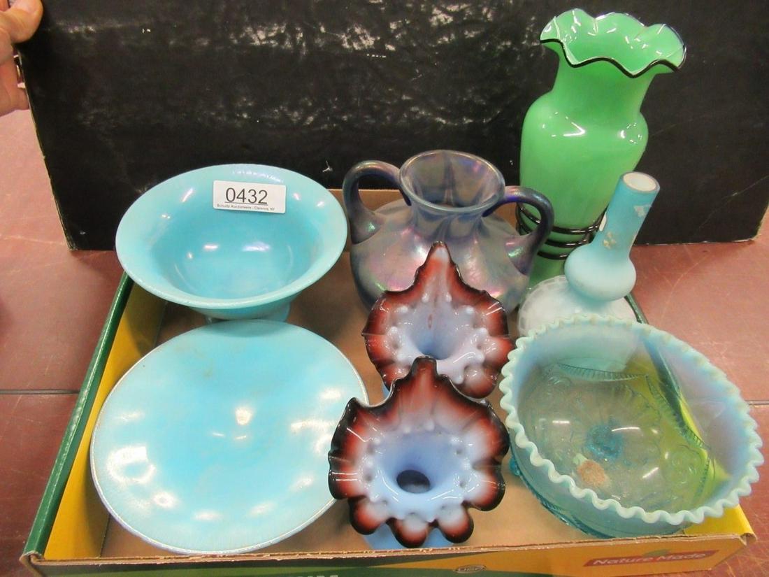 Group of Handblown Glass Items: Group of Handblown Glass Items incl. Satin Glass Bowl Compote, Handled Vase, and Czech Glass Vase