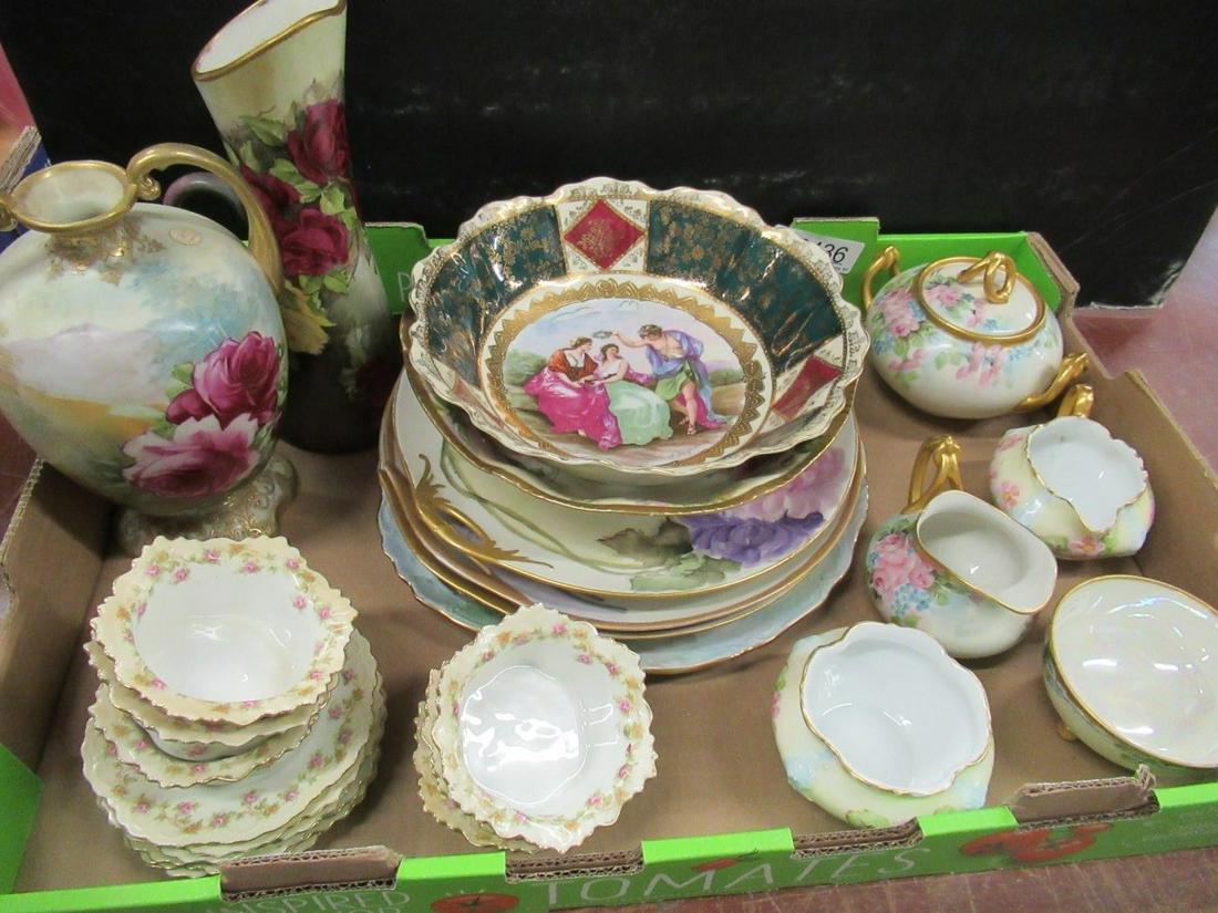 Large Lot of Hand Decorated Plates and Bowls: Large Lot of Hand Decorated Plates and Bowls incl. Nippon Vase, Bavarian Creamer and Sugar, and Rose Decorated Ramakins with Underplates