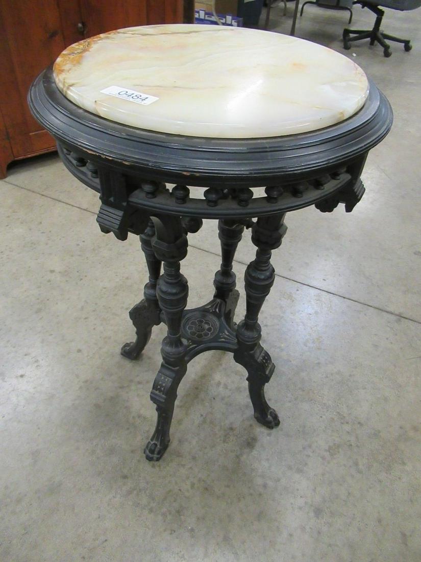 Round Eastlake Victorian Table: Round Eastlake Victorian Table with Claw Feet and Marble Insert, Approx. 20" diam. X 32" h