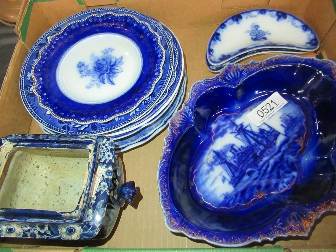Group of Flo Blue China: Group of Flo Blue China incl. Historical Plates, Mostly English, and Serving Dish with USS Main