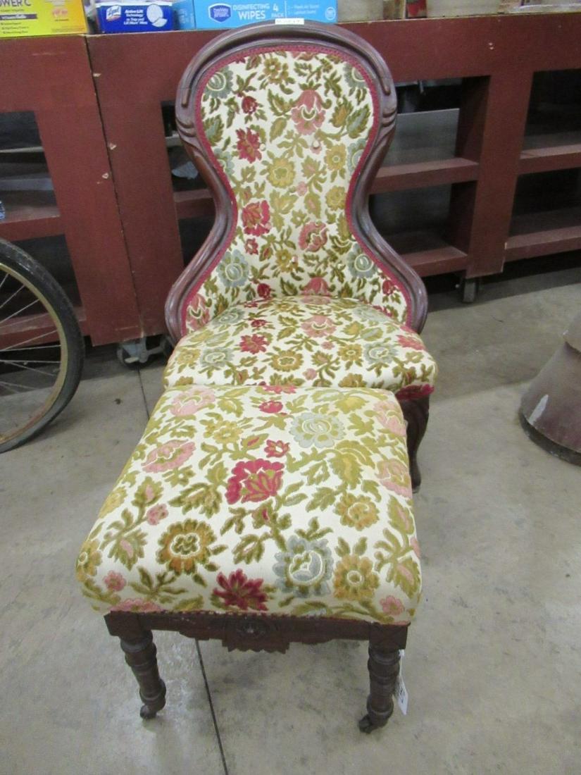 Victorian Balloon Back Finger Roll Chair: Victorian Balloon Back Finger Roll Chair and Footstool with Matching Flower Upholstery, Chair Approx. 38"h x 24"w x 26"d