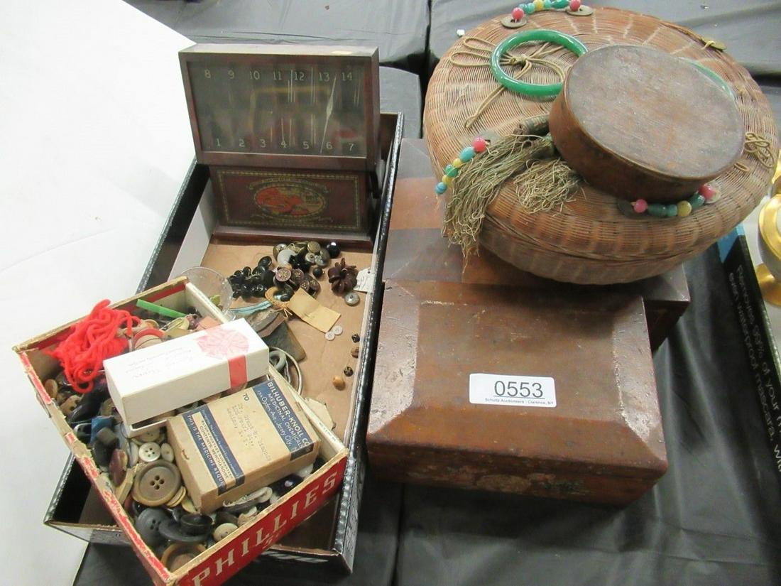Lot incl Boxes, Sewing Basket, etc: Lot incl Boxes, Sewing Basket, the Boye Needle Company Display