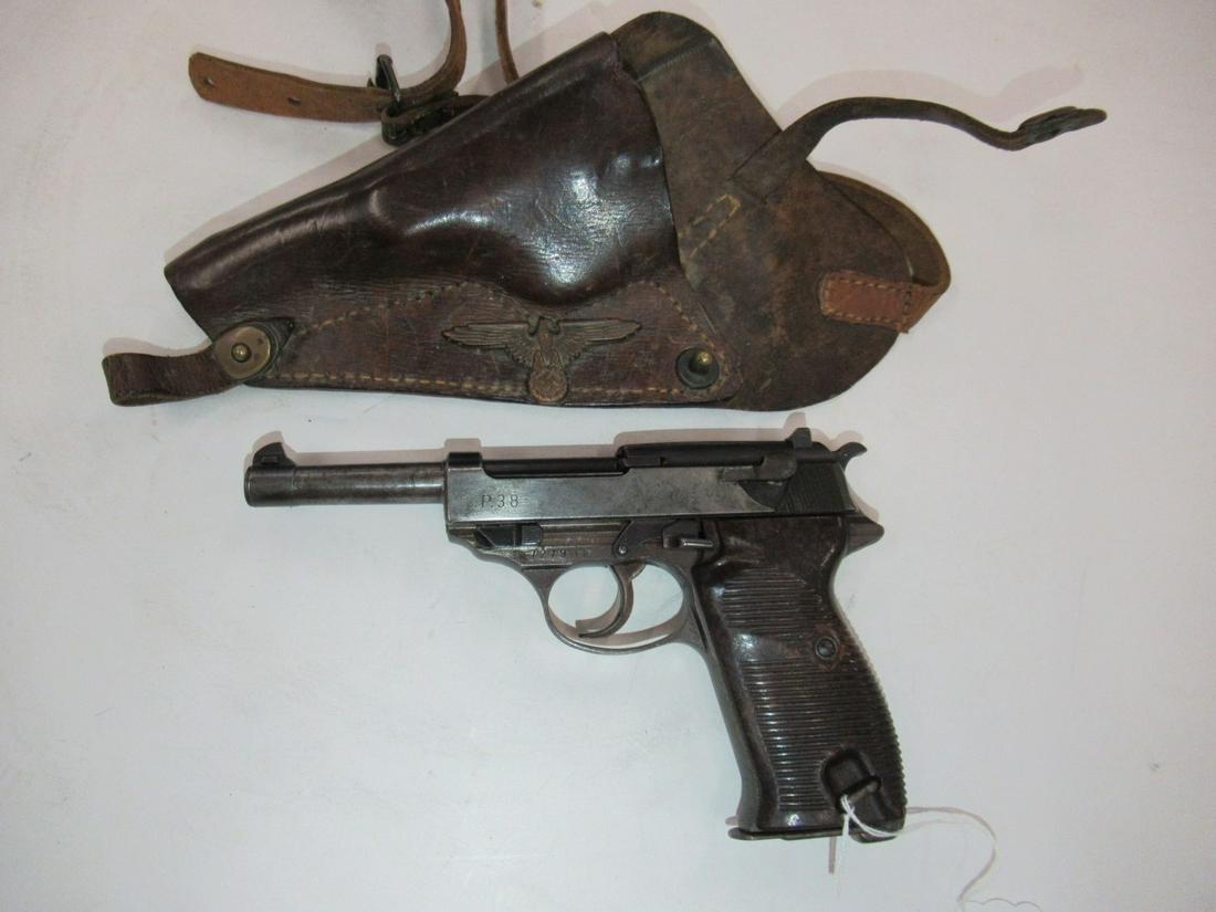 Walther AC44 P38 Pistol 9mm #7279: Walther AC44 P38 Pistol 9mm #7279 with Holster and Rare SS Cap Badge Attached