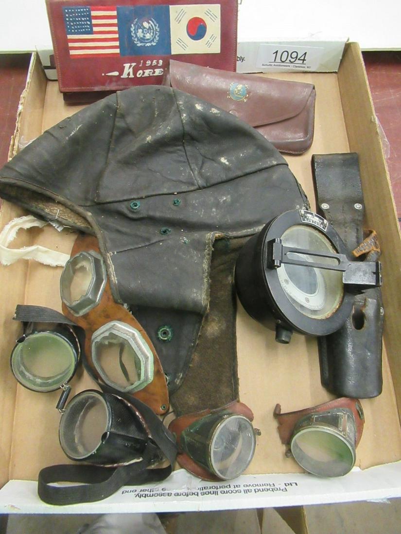 Flight Hat, Various Flying Goggles, Etc: Flight Hat, Various Flying Goggles, Japanese Compass Brought Back