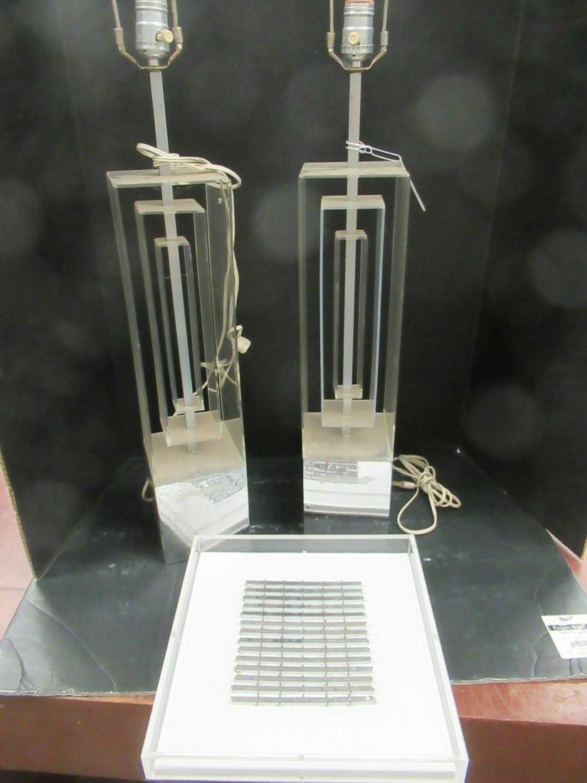 Pair of Contemporary Lamps and Artwork: Pair of Contemporary Lamps and Contemporary Artwork By Barbara Abrams Called Light Lines, 1980
