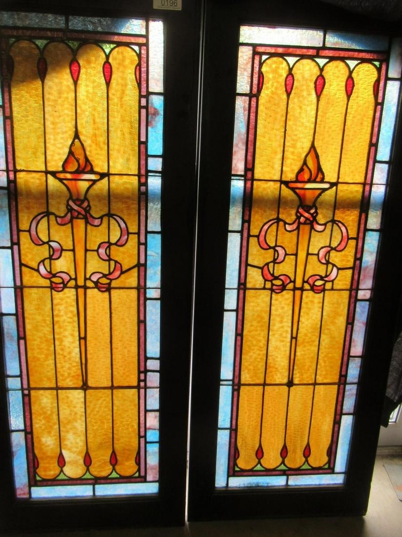 Pair of Leaded Glass Windows w/ Torch in Middle (1 of 1)