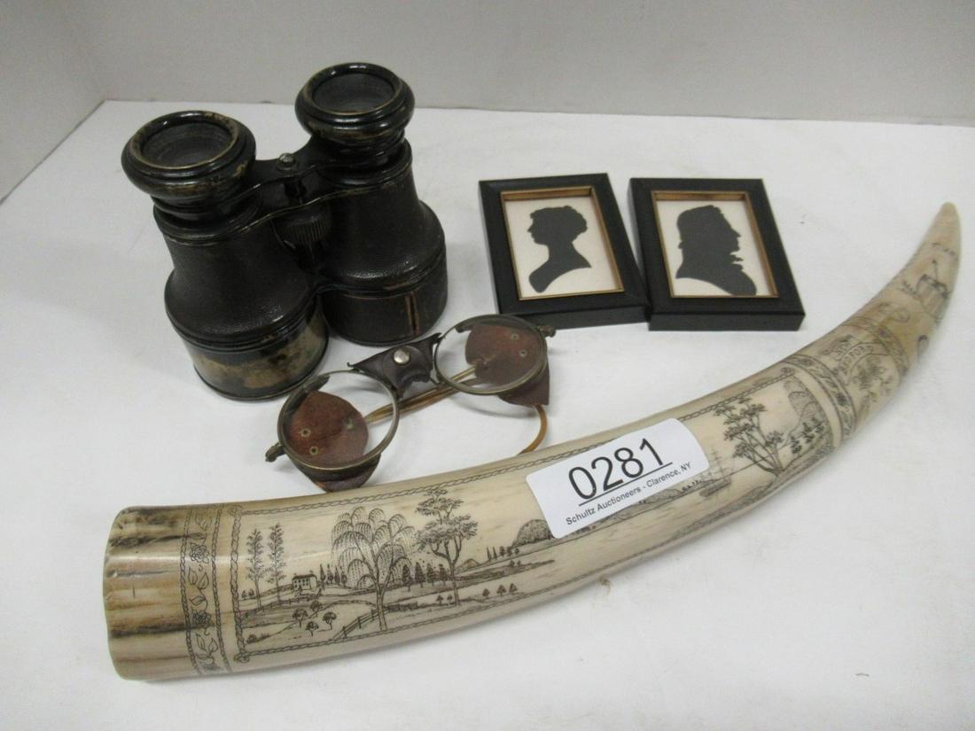 Pair Early Binoculars, Early Glasses, Etc: Pair Early Binoculars, Early Glasses, 2 Small Silhouettes, and a Copy of Scrimshaw