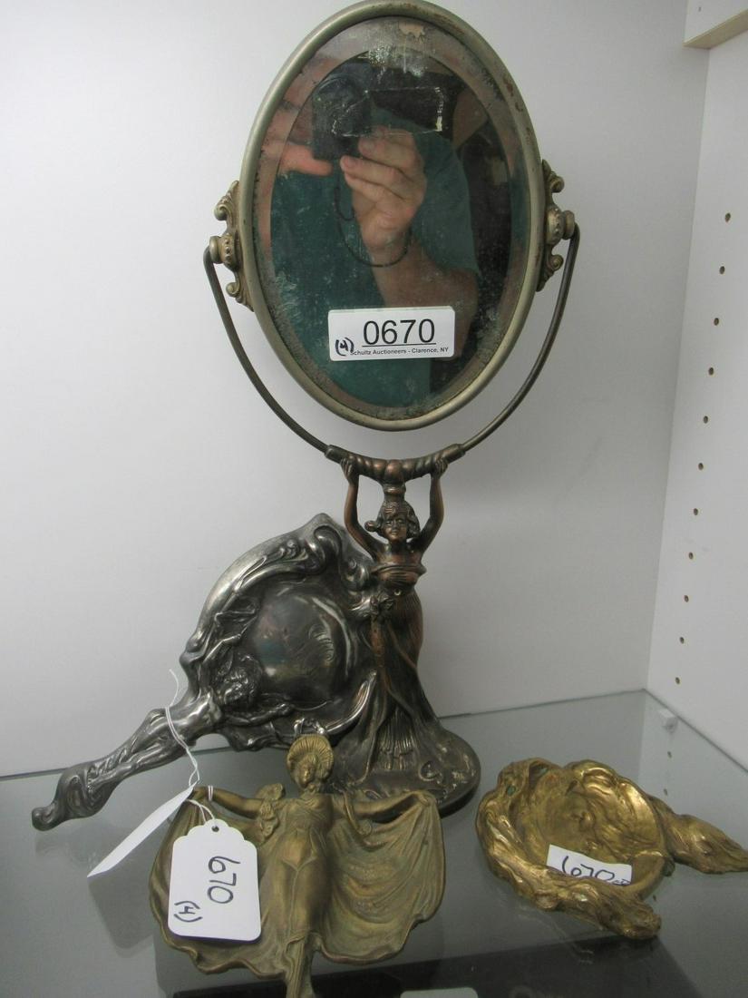 4pcs Mixed Metal Hand Mirror, Nouveau Tray, Etc: 4pcs Mixed Metal Hand Mirror, Nouveau Tray, Tray Nouveau Head, Figural Mirror