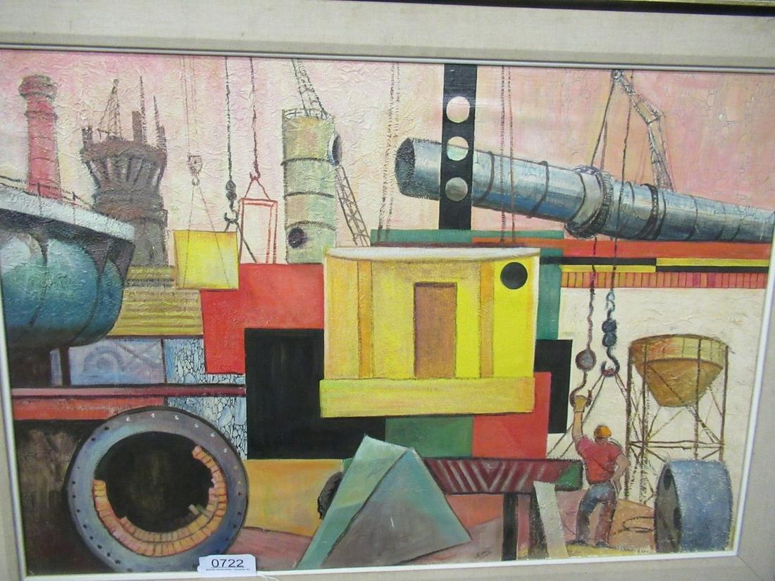 Signed Sisti Acrylic Oil/Board Industrial Scene (1 of 5)