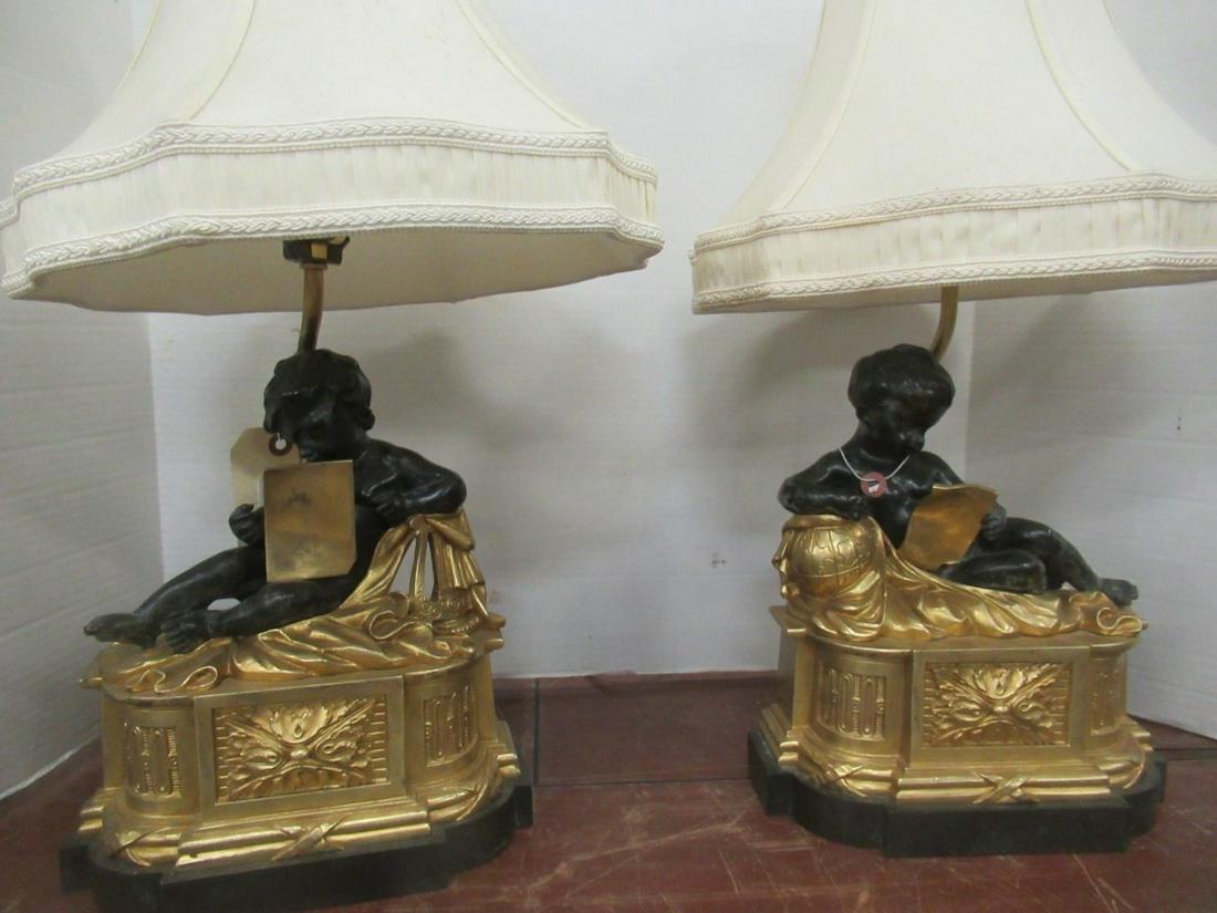 Pair of Lamps Reclining Children: Pair of Lamps Reclining Children on Brass Bases, Approx. 11"h x 9.5"w x 6"d