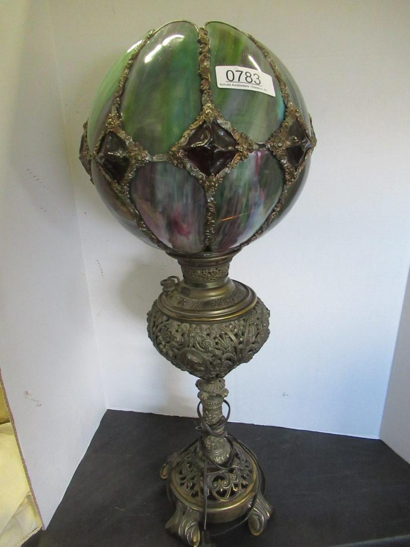 Jeweled & Paneled Slag Glass Shade on Lamp Base (1 of 6)