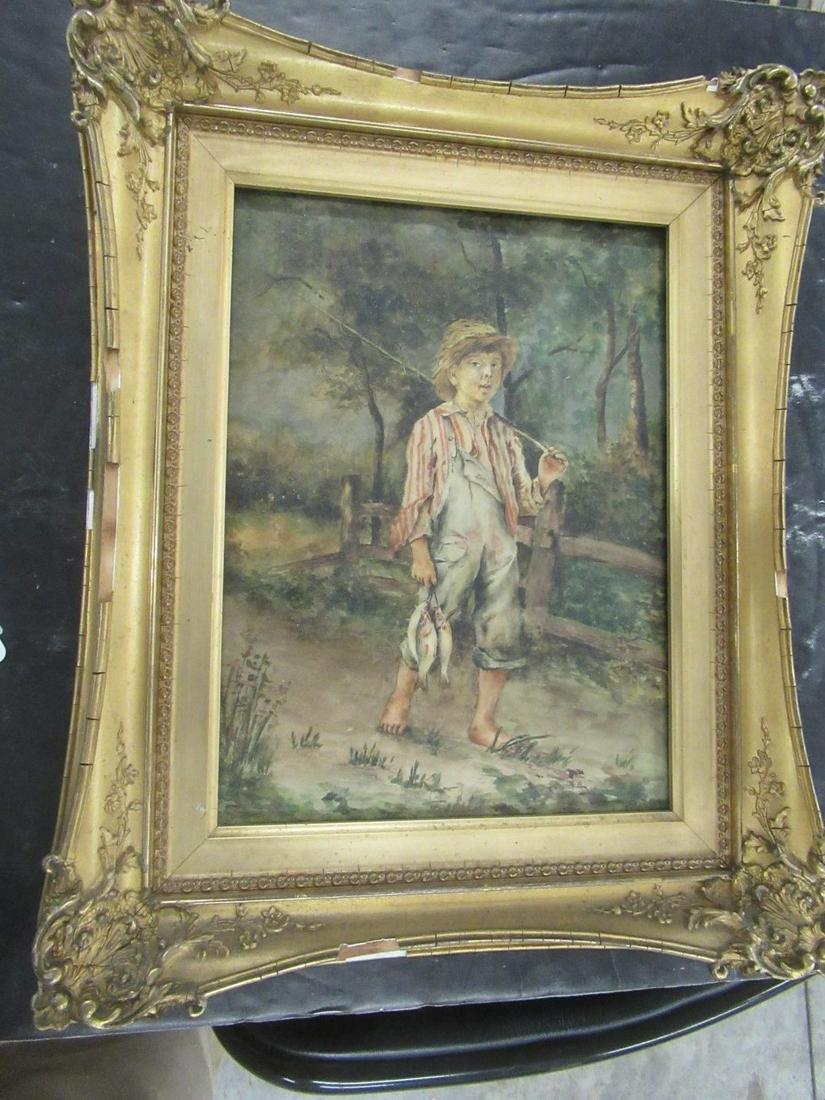 Framed Watercolor of Young Lad: Framed Watercolor of Young Lad w/ Fishing Pole and String of Fish, Approx. 14" x 16.5"